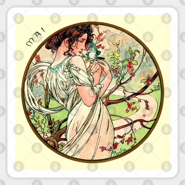 Art Nouveau May Calendar Alphonse Mucha Sticker by JoolyA